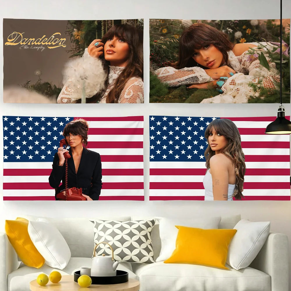 A tapestry wall hanging featuring images of singer Ella Langley-S and the American flag.
