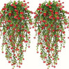 Set of three lifelike faux eucalyptus hanging plants with red and green foliage