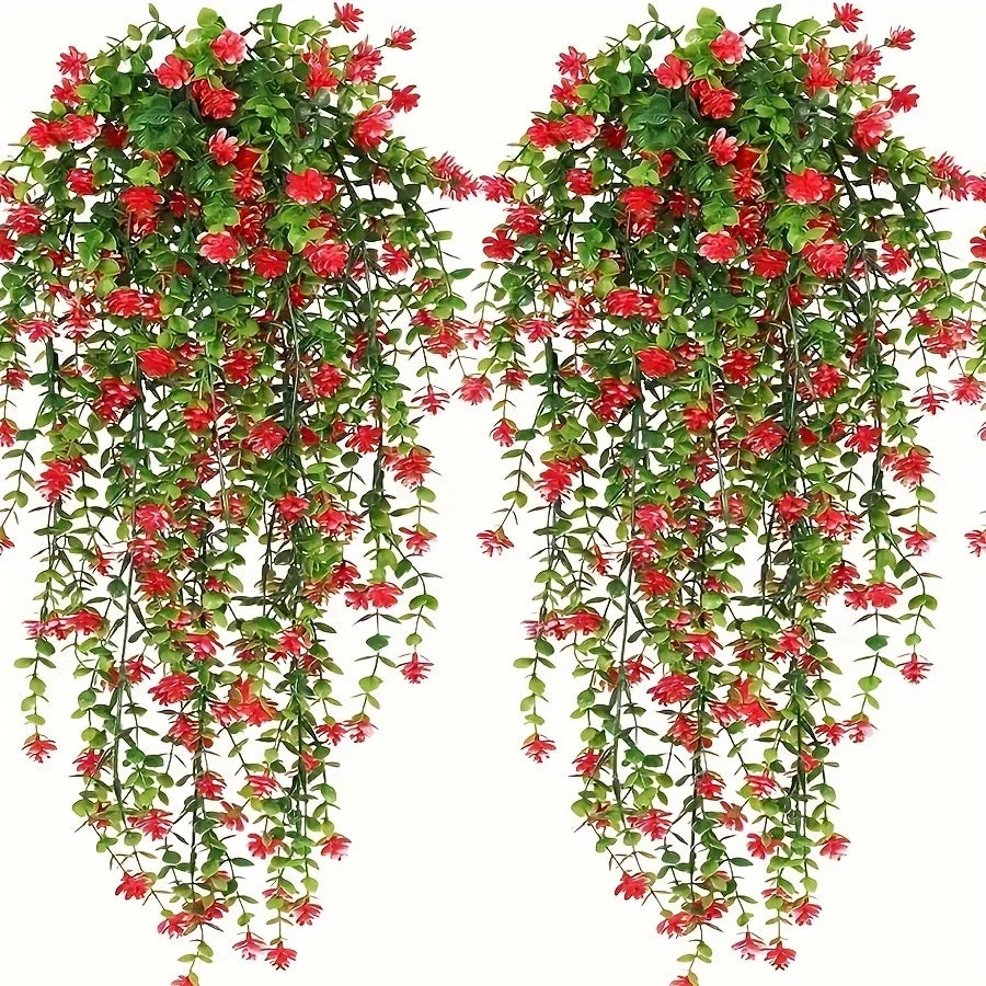 Set of three lifelike faux eucalyptus hanging plants with red and green foliage