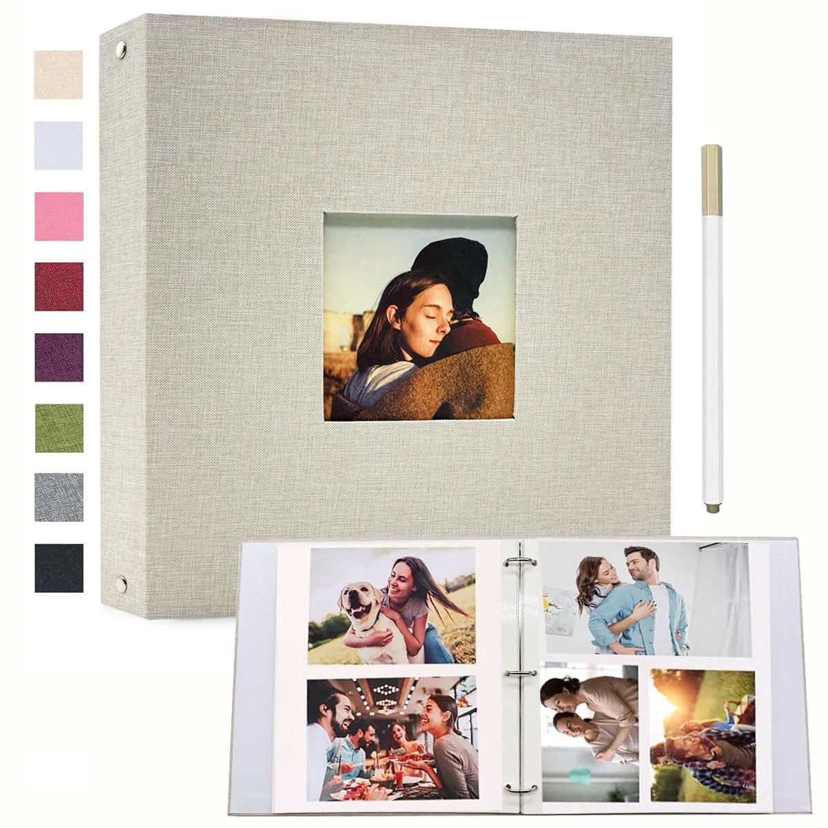 A linen 3-ring scrapbook album with a light beige cover and a framed photo featuring a woman looking at a dark-haired person.