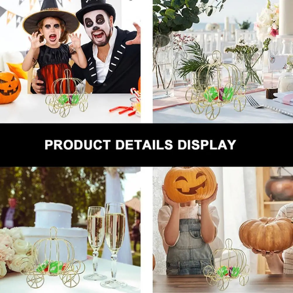 Display of a golden pumpkin carriage candy box for weddings and parties with seasonal decor.