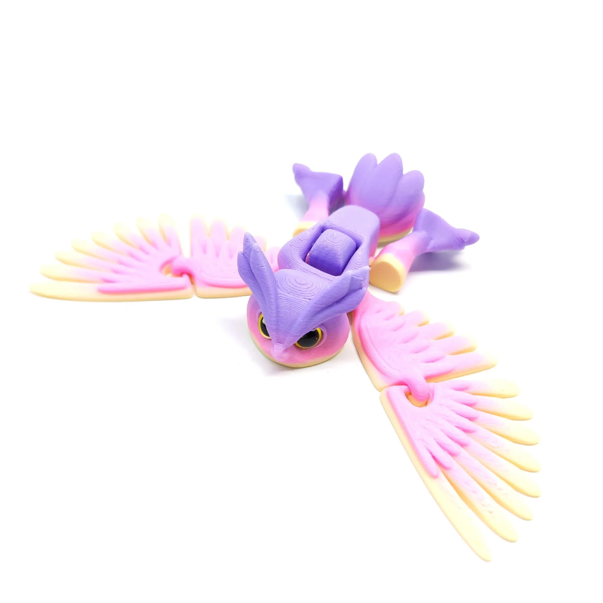 Purple and pink articulated 3D printed owl figurine with spread wings