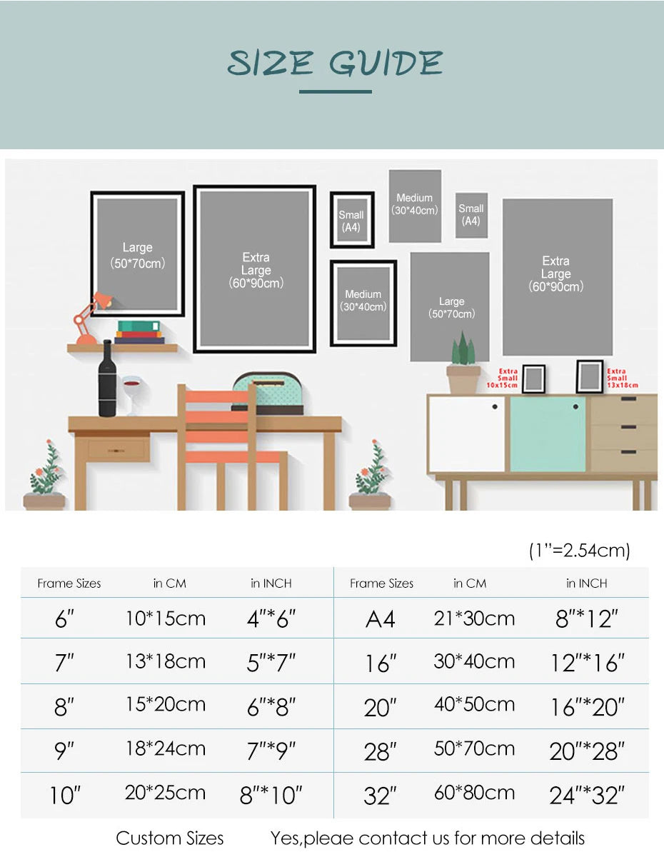 Size guide showing various frame sizes and dimensions for canvas wall art prints