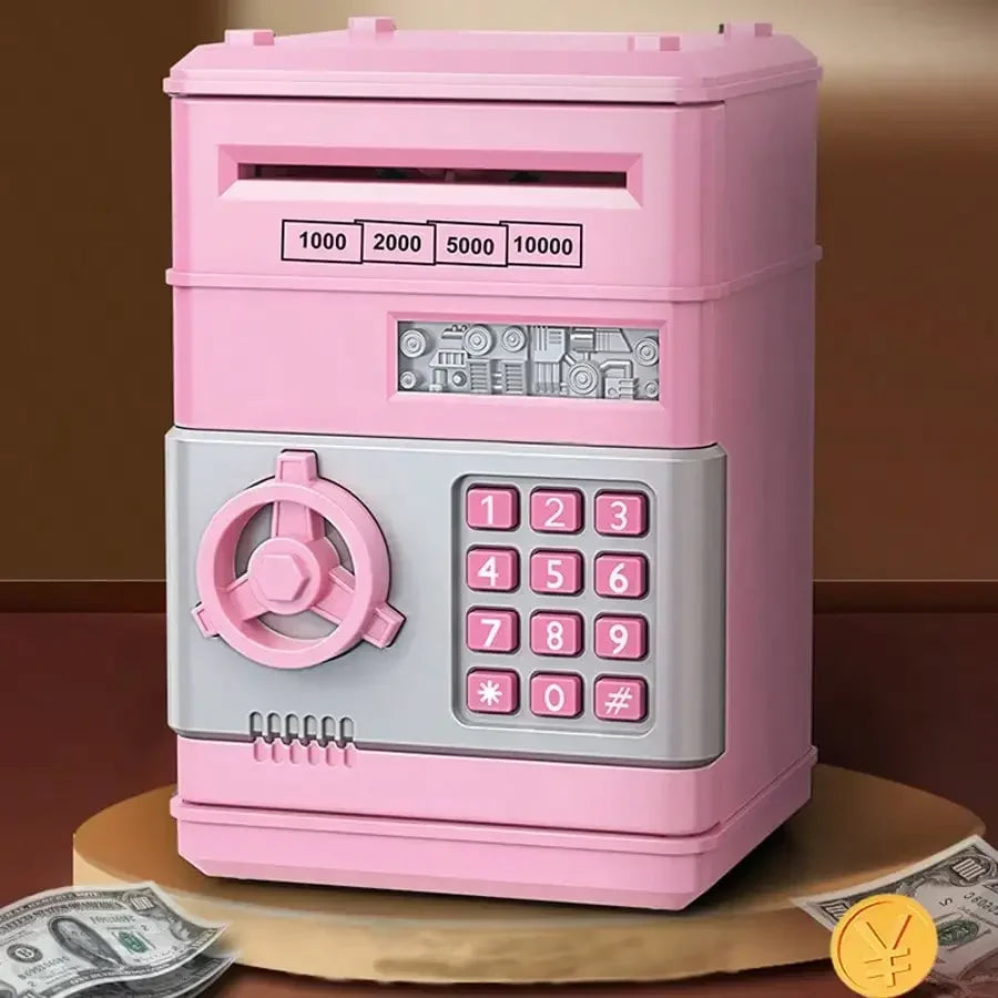 A pink kids piggy bank coin money saver with a dial and numeric keypad is displayed on a wooden surface.