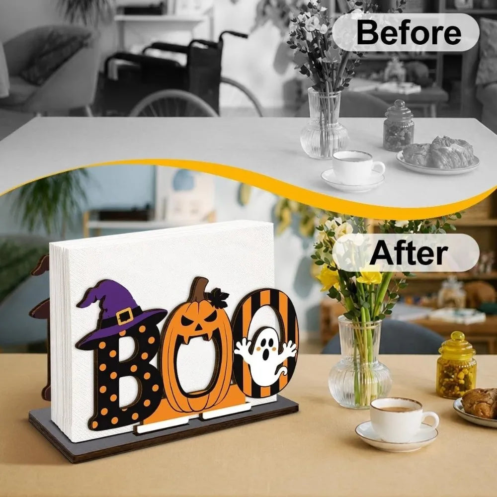 Before and after comparison of a ghost pattern wooden tissue dispenser for Halloween decor