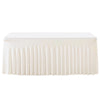A white elastic fitted spandex tablecloth draped with vertical pleats on a rectangular table.