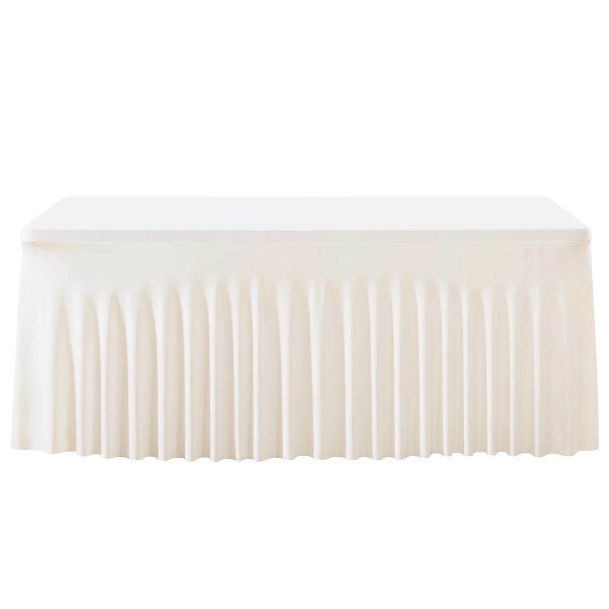 A white elastic fitted spandex tablecloth draped with vertical pleats on a rectangular table.