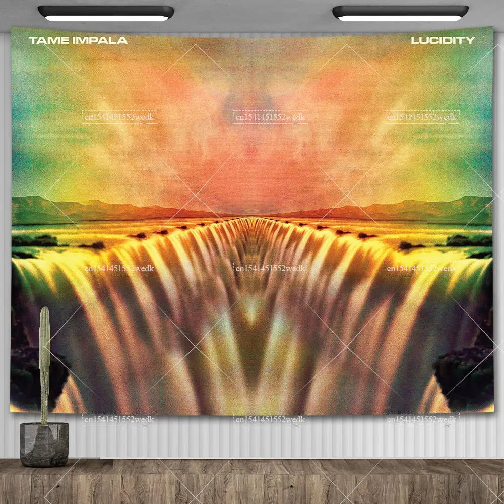 A vibrant tapestry featuring the album art of Tame Impala with a bright, sun-like glow.