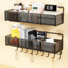 Black wire wall mounted storage baskets for organizing items in bunk beds or dorm rooms