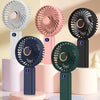 A collection of five portable rechargeable handheld fans in various colors and designs displayed on a white surface.