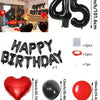 A set of red and black foil number balloons, heart shaped balloons, and round balloons for birthday decorations.
