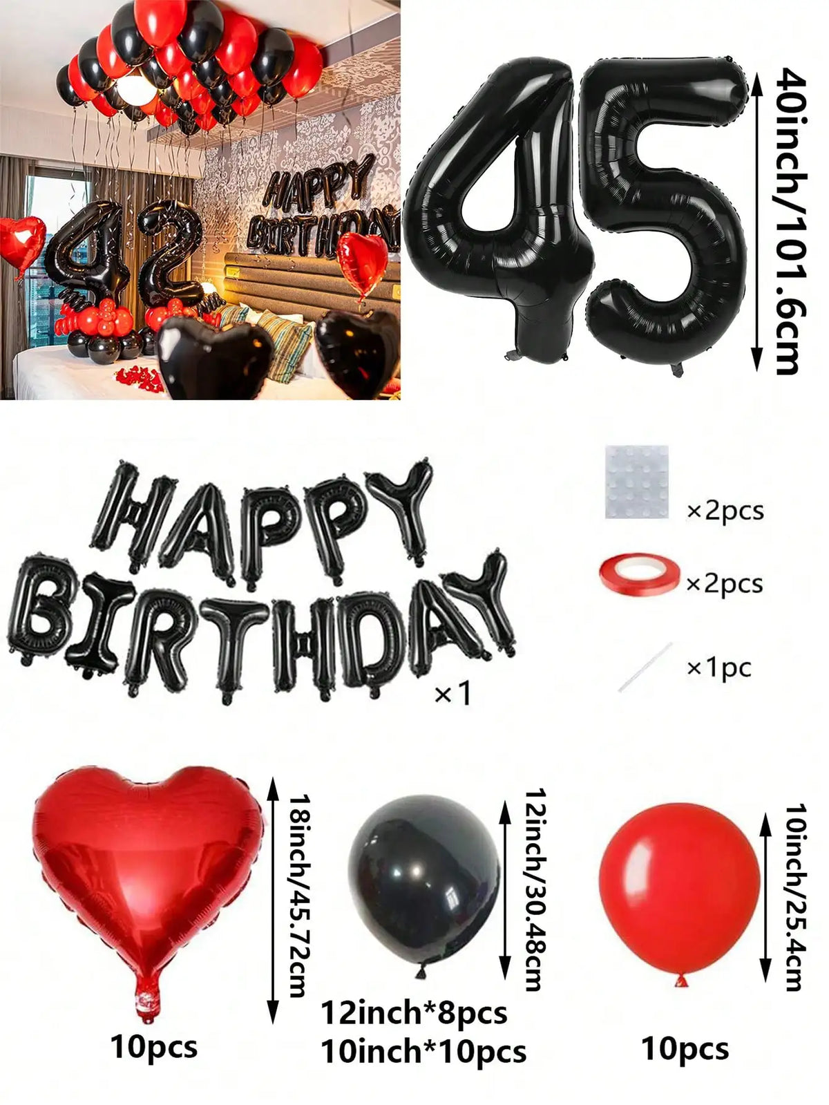 A set of red and black foil number balloons, heart shaped balloons, and round balloons for birthday decorations.
