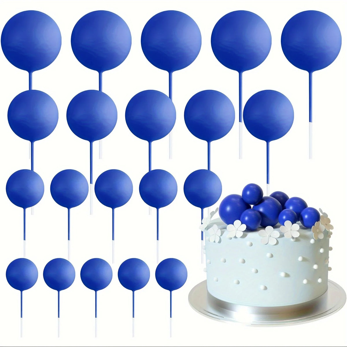 A set of twenty blue mini foam ball cake toppers on sticks for DIY party decor