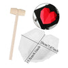A set of heart-shaped silicone chocolate molds with letters and numbers, including a wooden hammer.