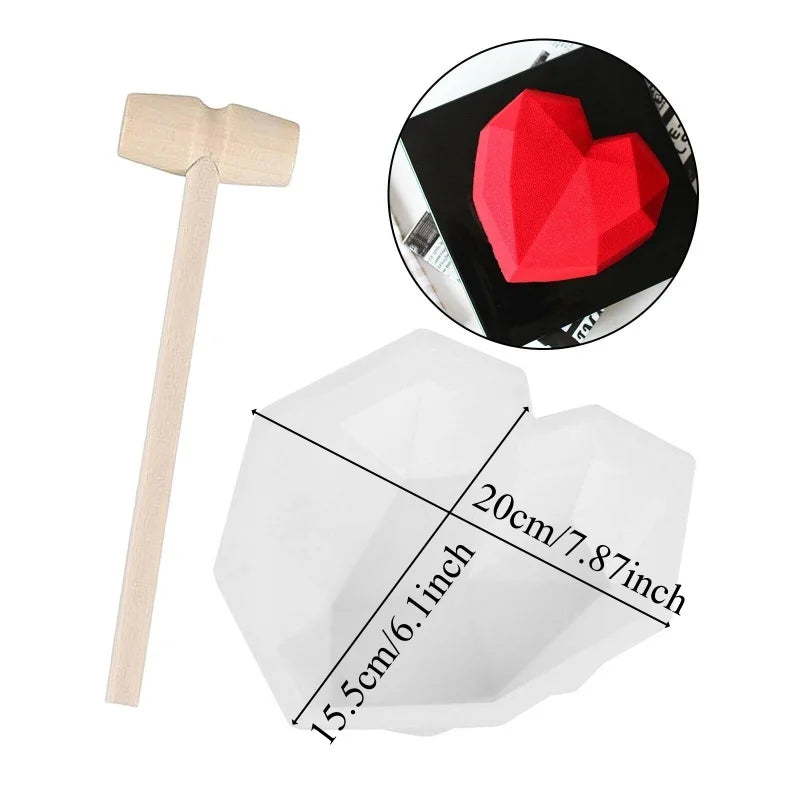 A set of heart-shaped silicone chocolate molds with letters and numbers, including a wooden hammer.