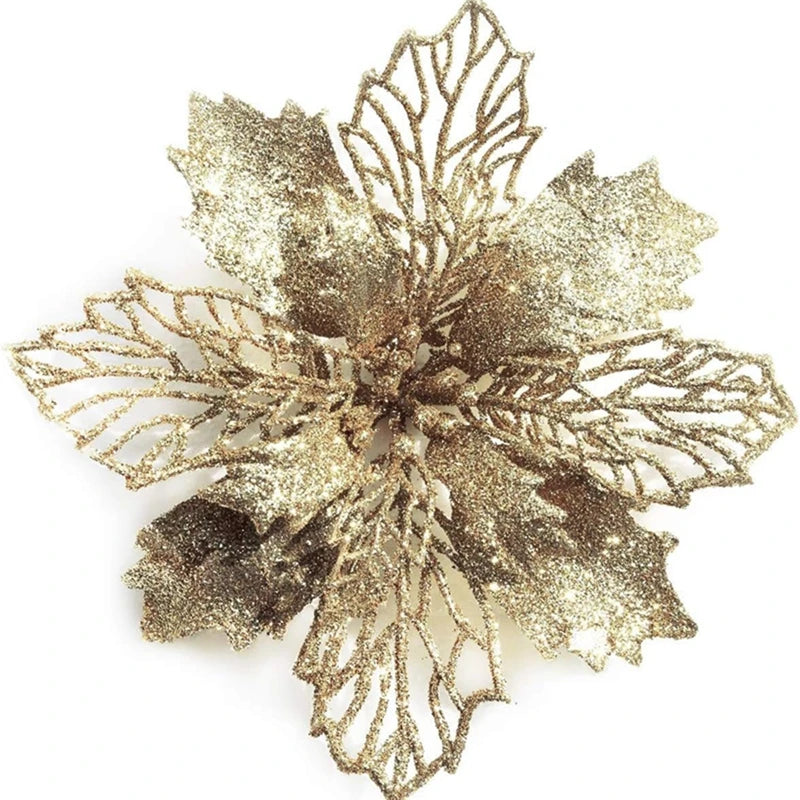 Gold sparkle silk artificial Christmas flowers with intricate leaf design