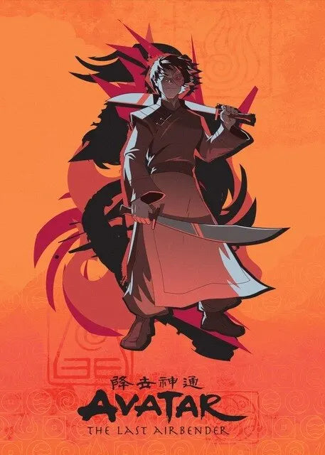 A stylized illustration of an Avatar warrior with a sword against an orange background for wall art.