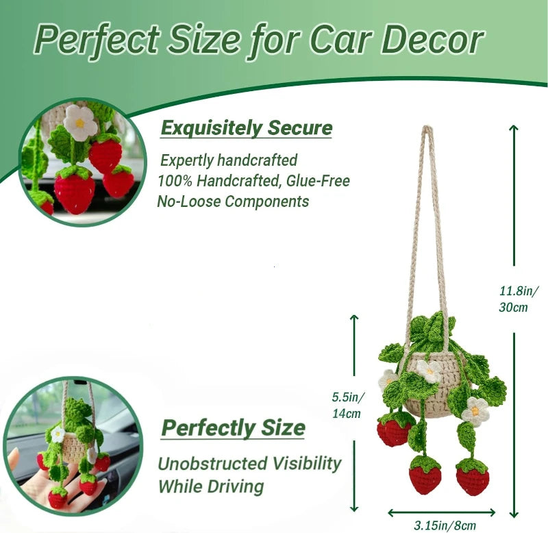 Hand-knitted hanging plant basket for car decor featuring strawberries and flowers.