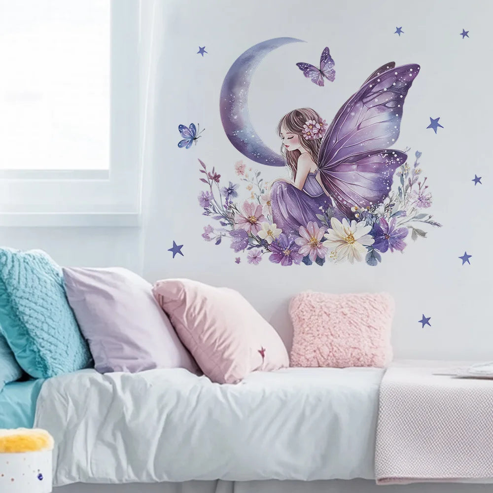 A wall decal featuring a purple crescent moon and a fairy with butterfly wings surrounded by lavender flowers on a white back