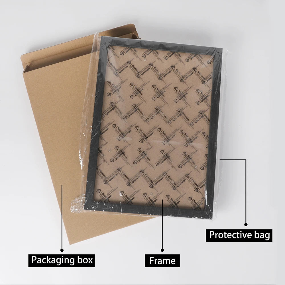 A classic wooden photo frame is shown inside a protective bag and placed next to its cardboard packaging box.
