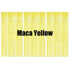 Three vertical panels of yellow metallic fringe curtains used as a party backdrop decor.