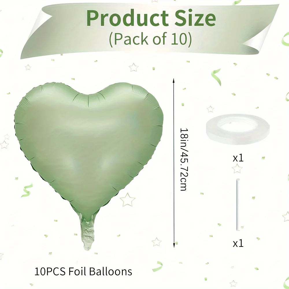 A heart-shaped foil balloon in a light green color is shown next to a flat disc and a measurement guide.