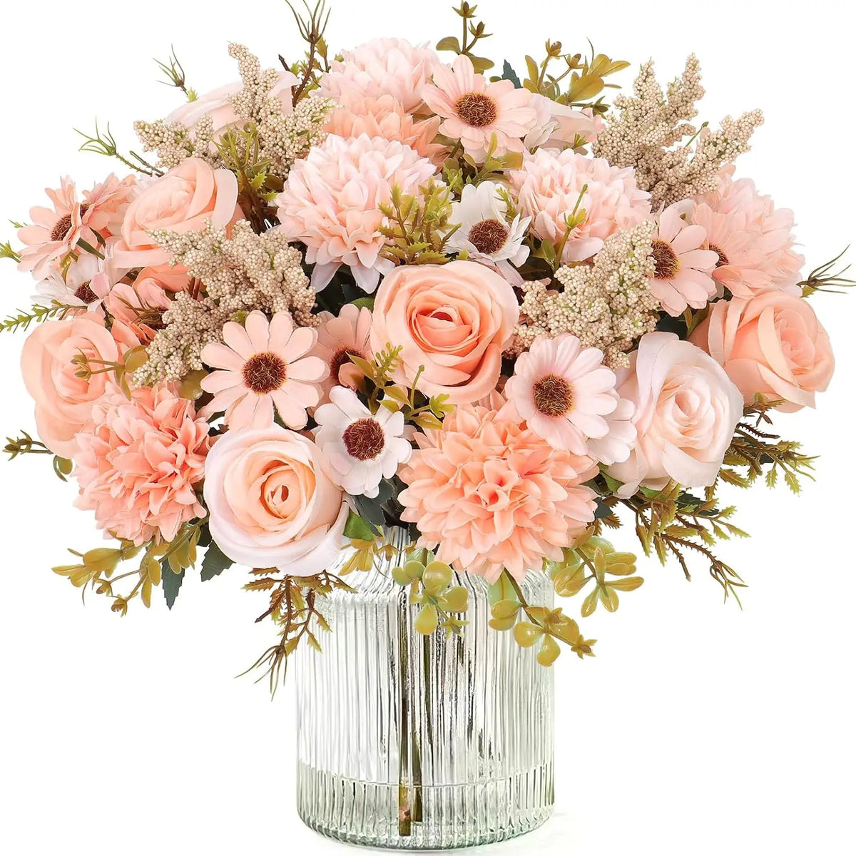A bouquet of artificial silk roses and daisies in shades of peach, pink, and cream, arranged in a clear glass vase.