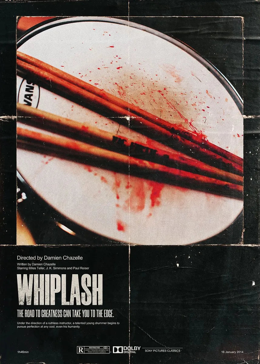 Poster for the movie Whiplash featuring a close-up of a drum kit with blood splatter.