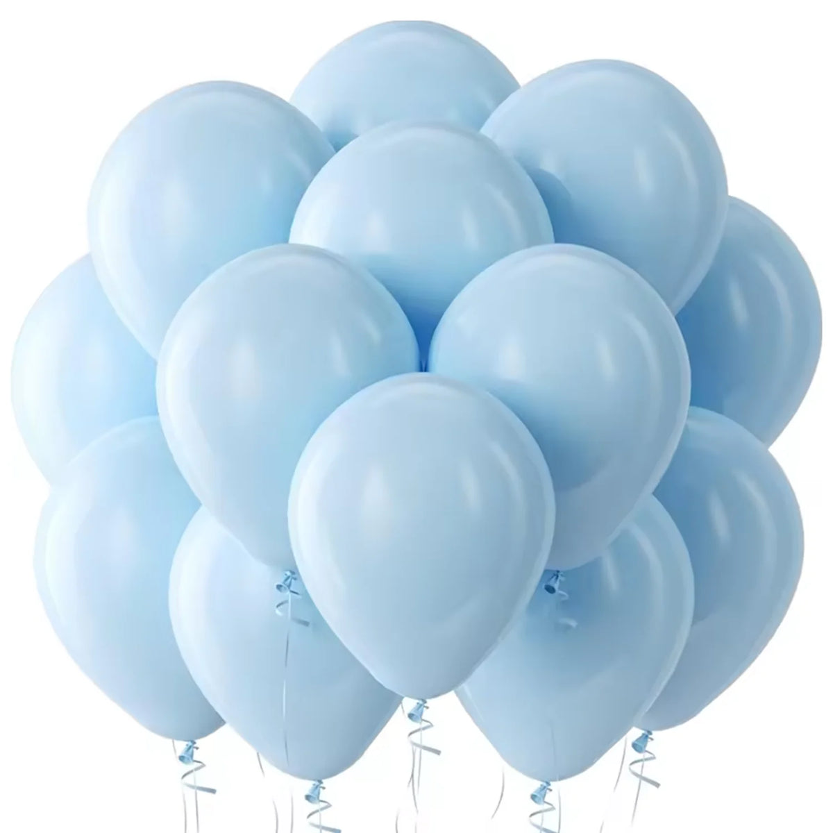 A pack of pastel pink and blue latex balloons floating against a white background.
