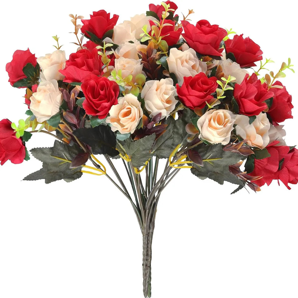 A bouquet of realistic silk rose flowers in shades of red, pink, and cream.