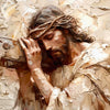 Peinture à l'huile de Jésus avec une couronne d'épines, rendue dans des tons terreux texturés.