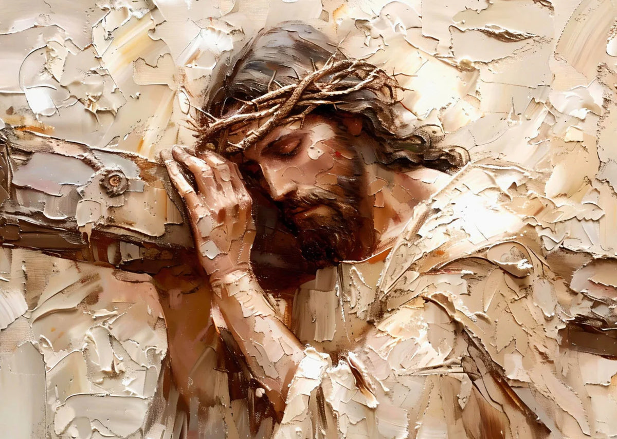 Peinture à l'huile de Jésus avec une couronne d'épines, rendue dans des tons terreux texturés.