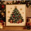 A framed diamond painting depicting a festive Christmas tree adorned with pearls and gold accents.
