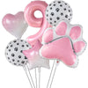 A set of six pink and white foil balloons featuring paw prints, hearts, and a large paw print shape.