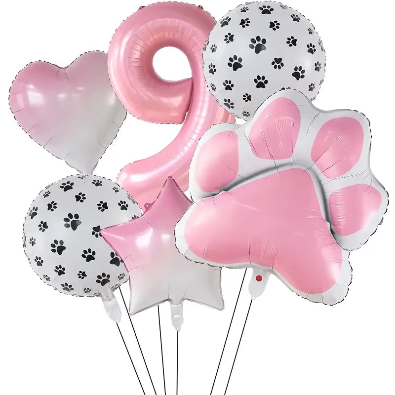 A set of six pink and white foil balloons featuring paw prints, hearts, and a large paw print shape.