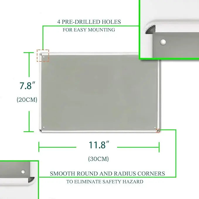 A rectangular gray vintage tin wall sign with pre-drilled holes and smooth round corners for easy mounting.