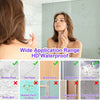 HD waterproof acrylic mirror wall stickers shown next to various surface types like marble, tile, wood, metal, glass, and pai