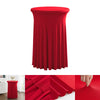 A vibrant red stretch spandex cocktail tablecloth with a pleated skirt shown in various angles.
