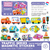 A box of magnetic traffic series stickers featuring various vehicles like fire engines, ambulances, trucks, and school buses.