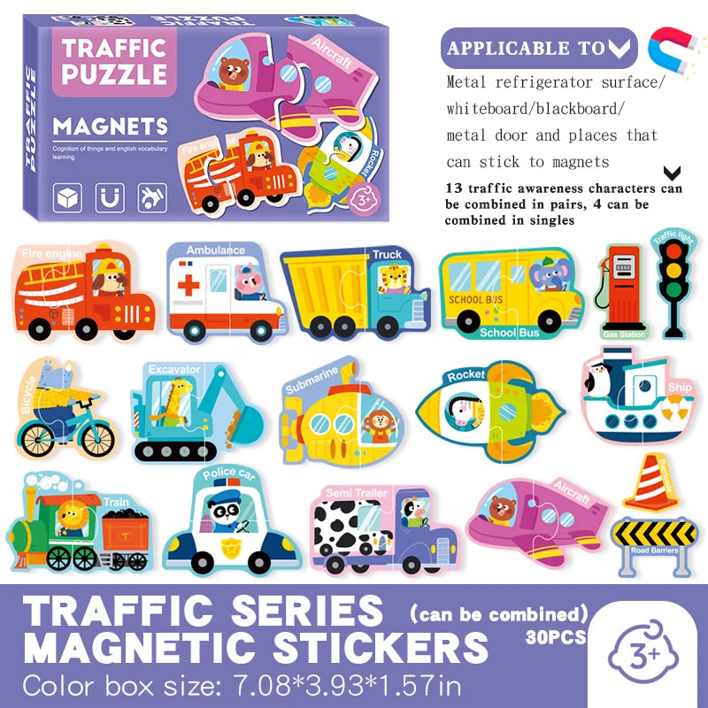 A box of magnetic traffic series stickers featuring various vehicles like fire engines, ambulances, trucks, and school buses.