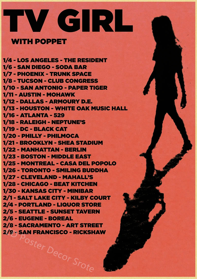 A vintage poster titled TV GIRL WITH POPPET listing various cities and corresponding numbers for music releases.
