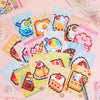 A colorful set of handmade cartoon mini bean die cut stickers featuring various cute animal and food characters.