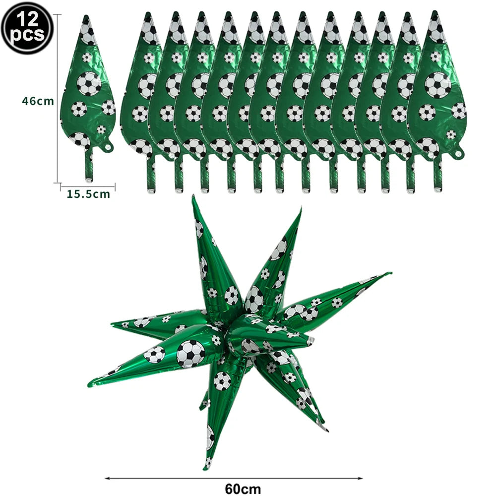 A pack of 12 green soccer ball balloons with black and white patterns, measuring 46cm long.