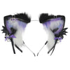 A pair of black and purple faux fur fox ears headband with a heart charm and purple ribbon details.
