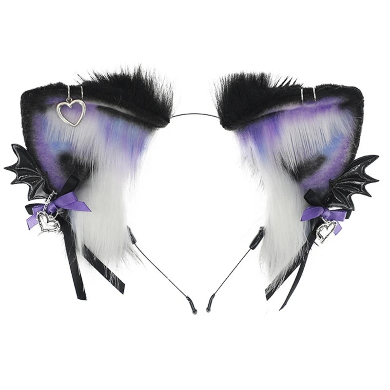 A pair of black and purple faux fur fox ears headband with a heart charm and purple ribbon details.