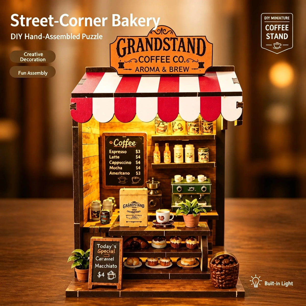 A DIY hand-assembled puzzle of a street-corner bakery shop with an awning and various coffee items.