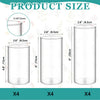 A set of four clear glass cylinders of various sizes are shown with dimension labels.