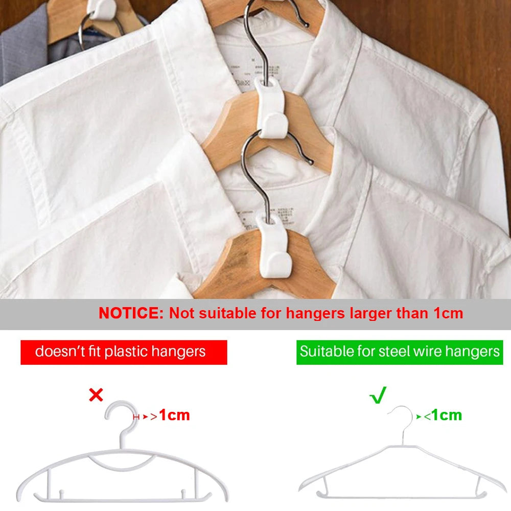 White shirt hanging on a wooden hanger with notice about hanger size compatibility