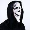 A white screaming skeleton horror mask with a black hood and grin.
