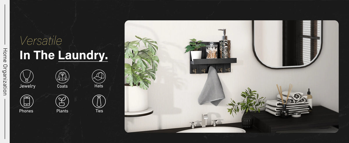 A rustic wooden wall-mounted organizer displaying jewelry, coats, hats, phones, and ties in a home laundry setting.